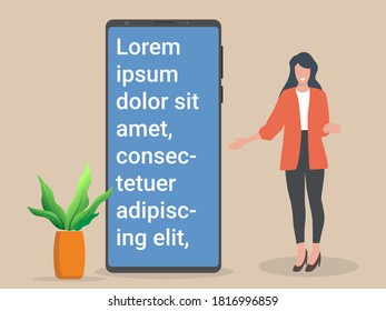 Young female character smartphone Presentation. Template. Flat editable vector illustration