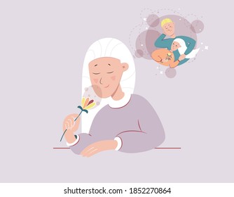 Young female character smelling flower and it evokes positive summer time romantic memories. Woman recalling happy scenes with beloved man. Flat vector illustration