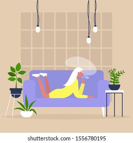 Young female character smoking a vape or a joint of cannabis on a sofa in a cozy interior with houseplants, modern millennial lifestyle