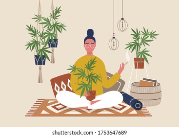 Young Female Character Smoking Weed Indoor, Cozy Boho Interior With Pillows And Plants, Marijuana Home Farm