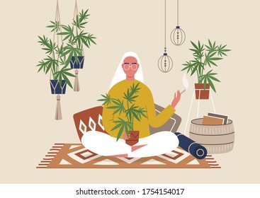 Young female character smoking weed indoor, cozy boho interior with pillows and plants, marijuana home farm