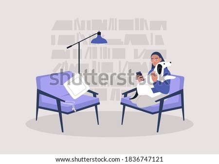 Young female character snuggling with their puppy dog, a cozy home interior, a lockdown leisure
