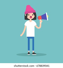 Young female character speaking through megaphone / flat editable vector illustration, clip art