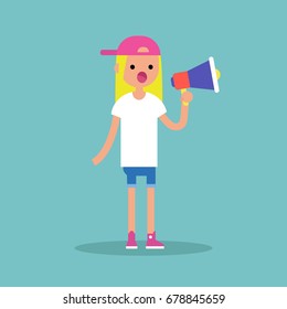 Young female character speaking through megaphone / flat editable vector illustration, clip art