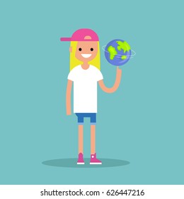 Young Female Character Spinning The Globe On Finger / Flat Editable Vector Illustration, Clip Art