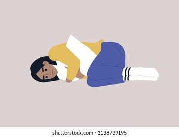 A young female character squeezing a pillow, grief and sorrow concept, depression and anxiety