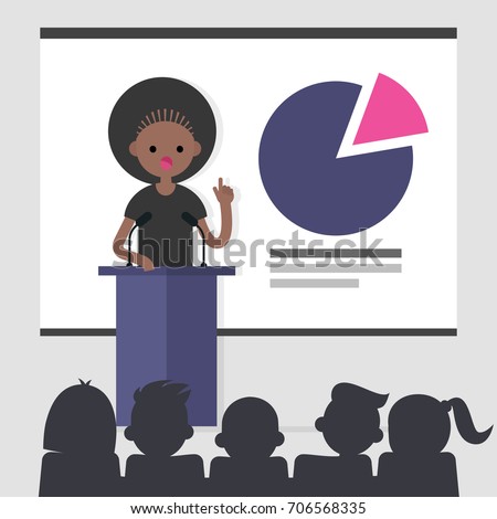 Young female character standing behind the tribune and pointing the finger up / flat editable vector illustration