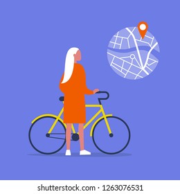 Young female character standing with a bike. Urban transport. Healthy lifestyle. Using a navigational app. Map and geo tag. Millennials and devices.