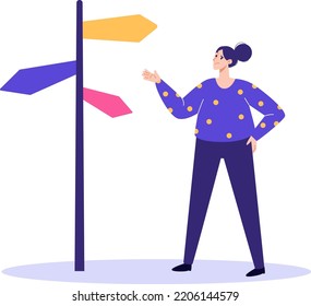 Young Female Character Standing By Crossroad Signpost To Find The Right Life Path Direction. Different Strategies For Life Choices. Flat Cartoon Vector Illustration Banner. Work Life Balance