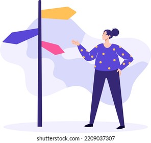 Young female character standing by crossroad signpost to find the right life path direction. Different strategies for life choices. Flat cartoon vector illustration banner. Work life balance