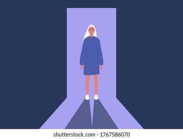 Young female character standing in a doorway, light and shadow contrast, spectacular appearance