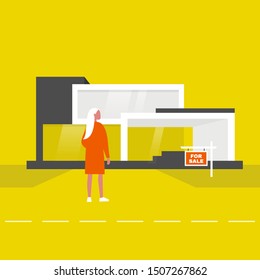 Young female character standing in front of the building. For sale. Architecture. Real estate development. Client. Flat editable vector illustration, clip art