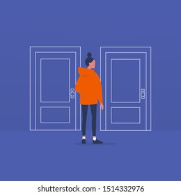 Young female character standing in front of two closed doors. Entering the building. Flat editable vector illustration, clip art