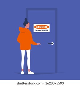 Young female character standing in front of the door with a Danger Do not enter sign