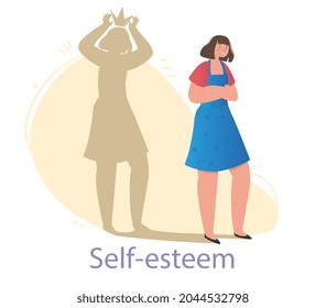 Young female character is standing with her inner confident version shadow behind on white background. Concept of truely loving yourself, body positive, confidence. Flat cartoon vector illustration
