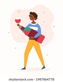 Young female character is standing and holding big red wine bottle. Cheerful woman is drinking wine from a wineglass. Flat cartoon vector illustration