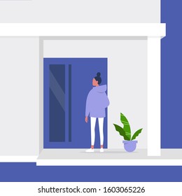 Young female character standing next to a front door, building entrance, residential property