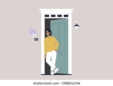 A Young Female Character Standing Outside Their Entrance Door, Apartment Renting Theme