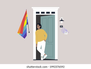 A young female character standing outside their entrance door with a rainbow flag on the wall, a safe space for the LGBTQ community, coming out