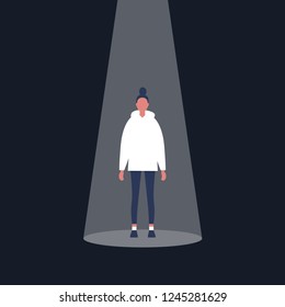 Young female character standing in the spotlight. Glory. Fame. Being on stage / flat editable vector illustration