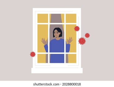 A young female character staying at home because of the coronavirus lockdown, a quarantine concept