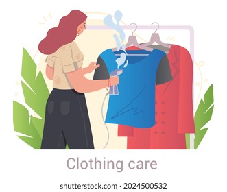 Young female character is steaming clothes to prepare them for selling on white background. Cheerful clothes store or showroom worker is taking care of clothes. Flat cartoon vector illustration