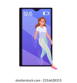 Young female character stepping out of the mobile phone huge screen. Time limit on smartphone use. Digital detox concept vector illustration isolated on white background