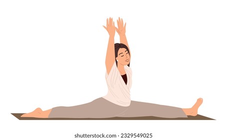 Young Female Character Stretching,do the leg-split, Realxing in Engage Yoga Practice Isolated.Woman in leg-split,Calmimg, Meditating,Practising Asana.Training Class.Cartoon People Vector Illustration