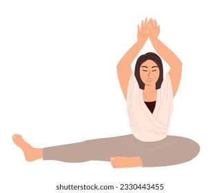 Young Female Character Stretching,Realxing with Raised Hands.Relaxed Woman Engaging Yoga Practice Isolated, White Background.Woman Meditating,Practising.Pilates,Training Class.Flat Vector Illustration