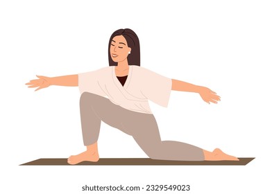 Young female Character Stretching,standing on knee,Realxing in Engage Yoga Practice Isolated on white background.Female Calmimg,Meditating,Practising Asana.Training Class. People Vector Illustration