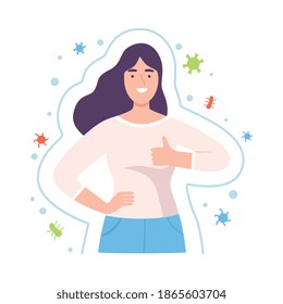 Young Female Character with Strong Immune Resistance to Bacterial Attack Showing Thumb Up Vector Illustration