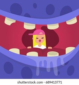 Young female character stuck in monster's throat calling for help / flat editable vector illustration, clip art