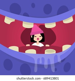 Young female character stuck in monster's throat calling for help / flat editable vector illustration, clip art