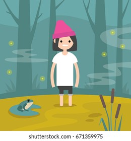 Young female character stuck in the swamp / flat editable vector illustration, clip art