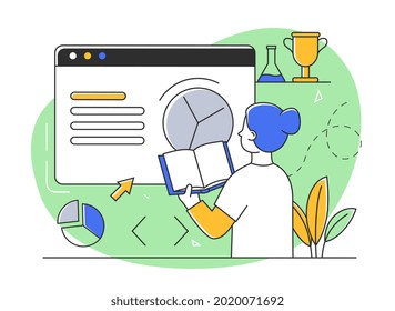 Young female character is studying remotely online. Male and female students taking part in activities of educating or instructing. Student sudying new subject. Flat cartoon vector illustration