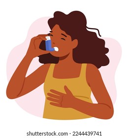 El personaje femenino joven sufre de síntomas de asma Respiración con inhalador. Mujer negra con enfermedad respiratoria. Atención Médica, Concepto Médico de Enfermedades Crónicas. Ilustración de vectores de personas de caricatura