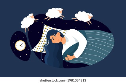 Young female character is suffering from insomnia. Woman is having sleep time problems. Psychological stress caused by low energy, irritability and depressed mood. Flat cartoon vector illustration
