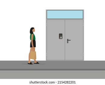A young female character in summer clothes and with a paper bag in her hand goes to a metal door with an intercom