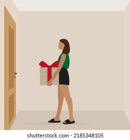 A Young Female Character In Summer Clothes And With A Gift Box In Her Hands Stands In Front Of A Closed Door Indoors