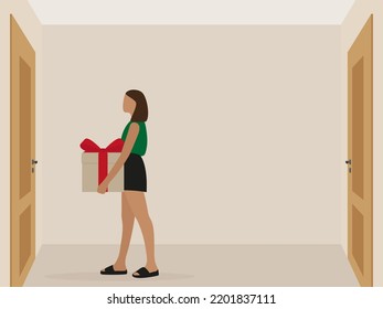 A Young Female Character In Summer Clothes And With A Gift Box In Her Hands Stands In Front Of A Closed Door Indoors