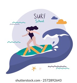 Young female character surfing, recreation. Beauty woman surfer in swimwear riding sea waves on surfboard. Surf school, spot. Summertime activity, Healthy lifestyle, vacation. flat vector illustration