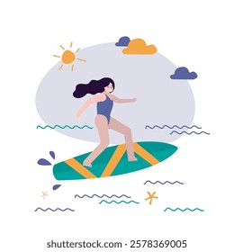 Young female character surfing recreation. Beauty woman surfer in swim wear riding sea waves on surfboard. Summertime activity, Healthy lifestyle, vacation. cartoon flat vector illustration