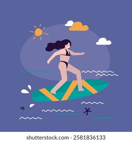 Young female character surfing recreation. Beauty woman surfer in swimwear riding sea waves on surfboard. Summertime activity, Healthy lifestyle, vacation. cartoon flat vector illustration