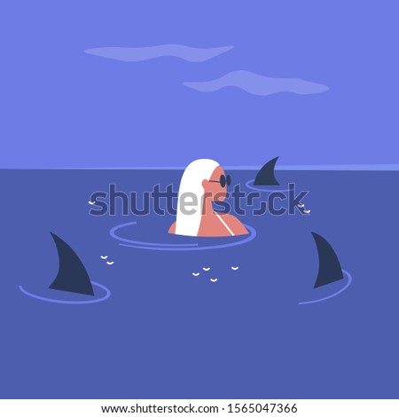 Young female character surrounded by shark fins swimming in the ocean, risk and stress in modern life