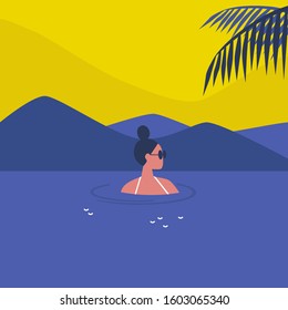 Young female character swimming in the sea, holidays in a tropical climate, lifestyle