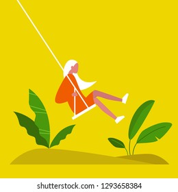 Young female character swinging on a swing. Modern lifestyle. Summer. Having fun. Flat editable vector illustration, clip art