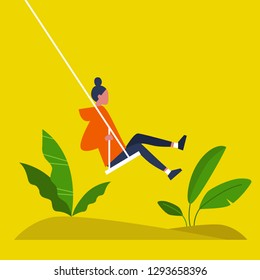 Young female character swinging on a swing. Modern lifestyle. Summer. Having fun. Flat editable vector illustration, clip art