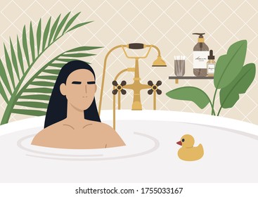Young female character taking a bath, beautiful vintage furniture, golden old fashion faucet, tropical plants, skin care products, modern luxury lifestyle