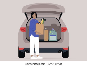 A young female character taking grocery bags from their car trunk, a daily routine scene