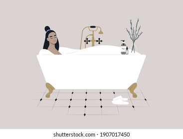 A young female character taking a relaxing bath with soap foam, a claw foot vintage tub